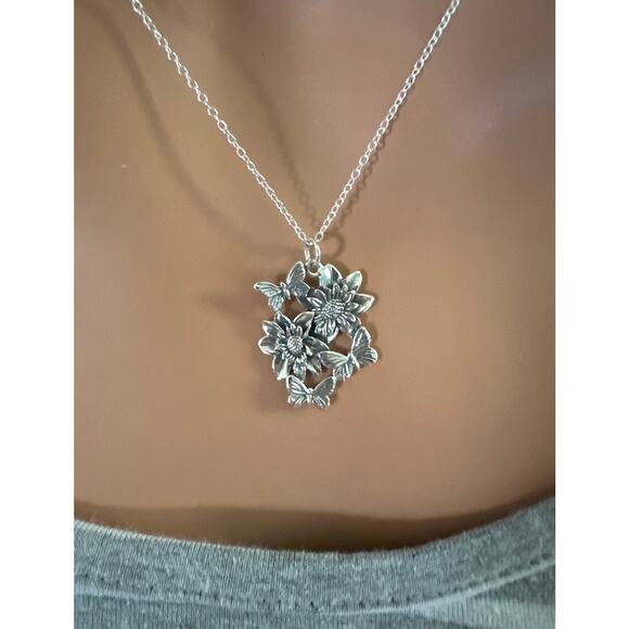 Sterling Silver Dahlia Flower Pendant with Butterflies Necklace - Picture 3 of 3